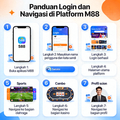 Animasi panduan langkah demi langkah proses login dan navigasi di platform M88