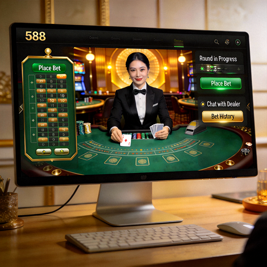 Tampilan antarmuka permainan live casino M88 dengan dealer langsung